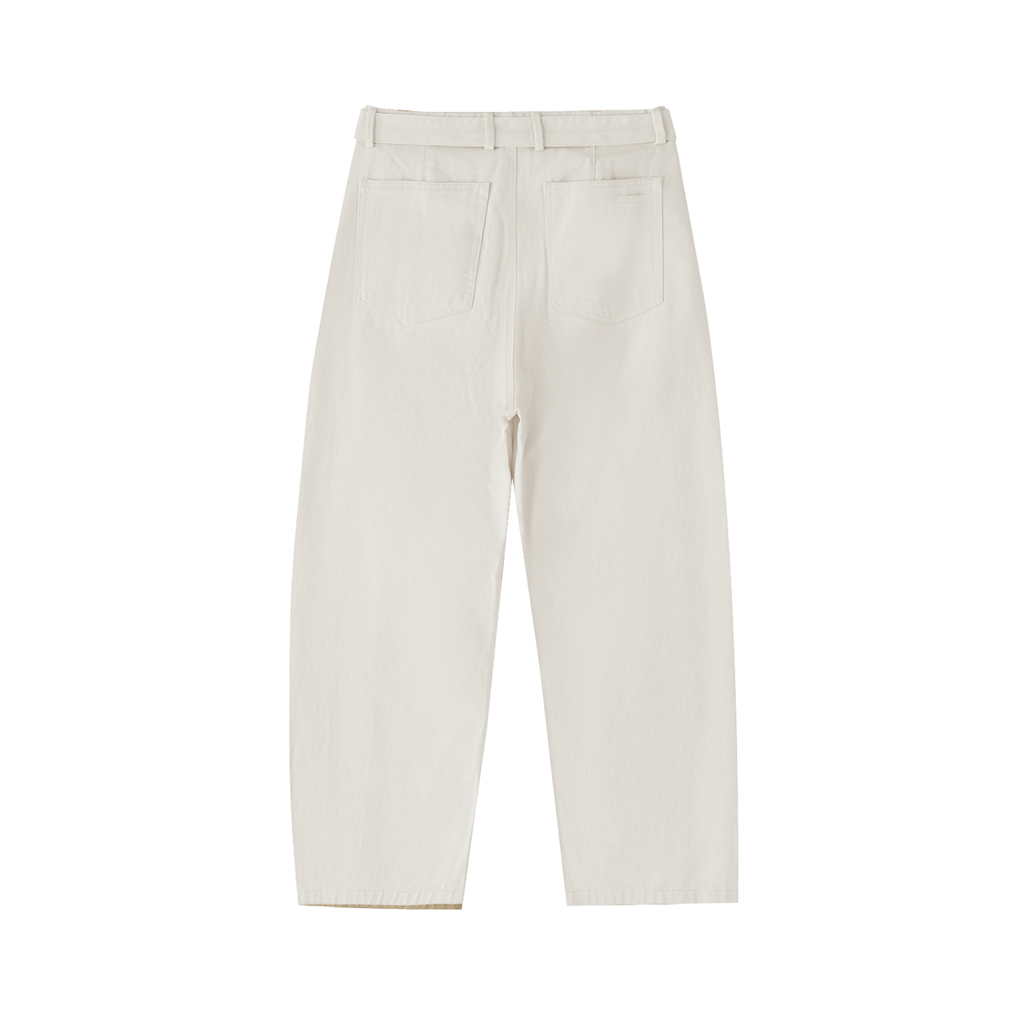 ODMPOD belted barrel-leg chino pants shown in khaki, featuring a relaxed fit and classic style with a belt loop detail.