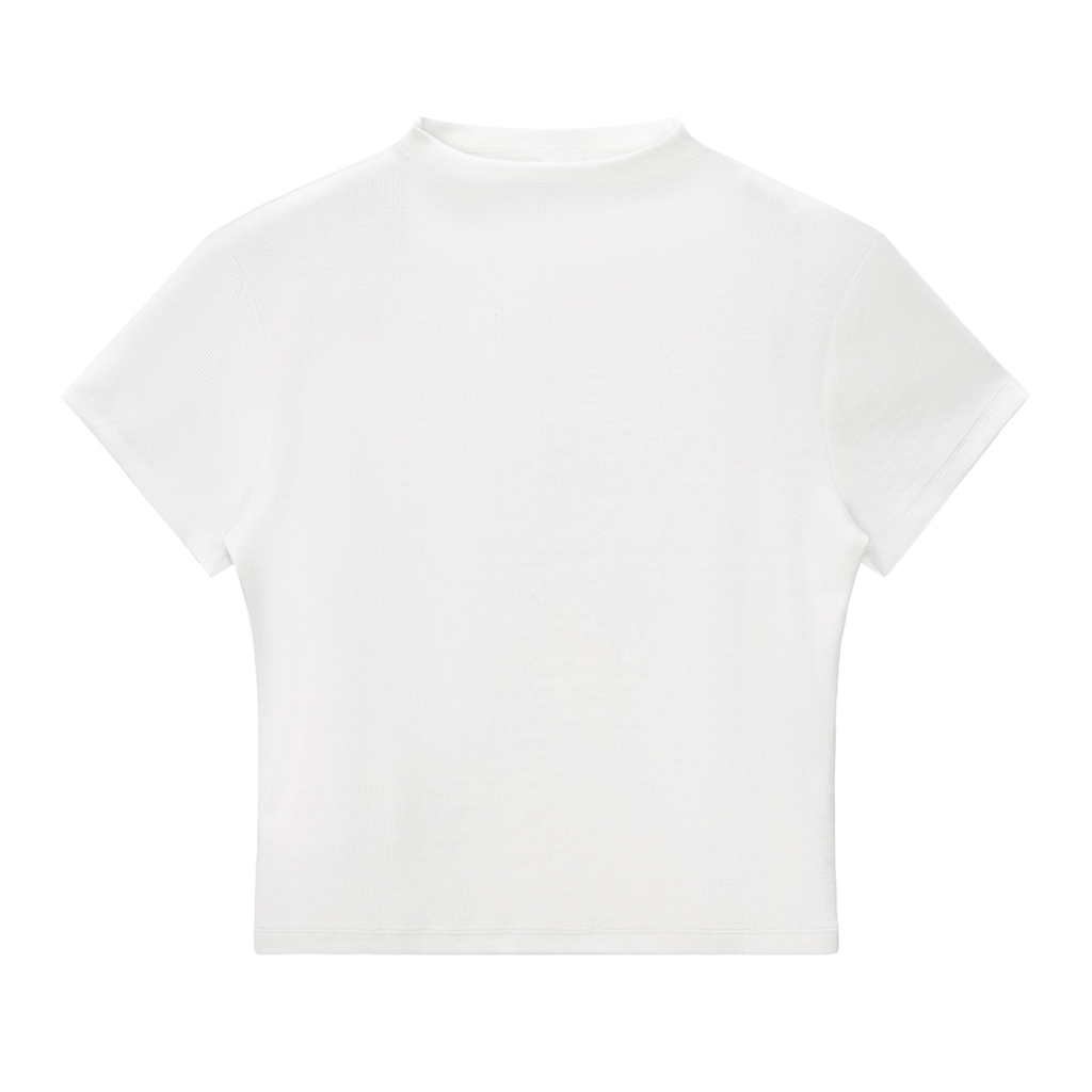 ODMPOD Essential Slim Fit Mock Neck T-Shirt in black, showcasing a close-up of the fitted mock neck and smooth fabric.