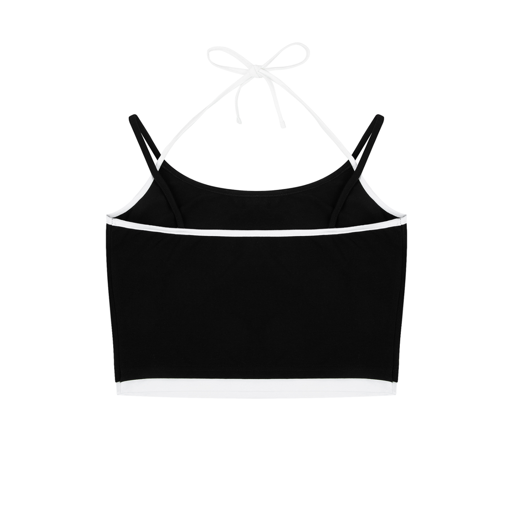 Black contrast binding halter tank top by ODMPOD, featuring a fitted sleeveless design with stylish neckline details.