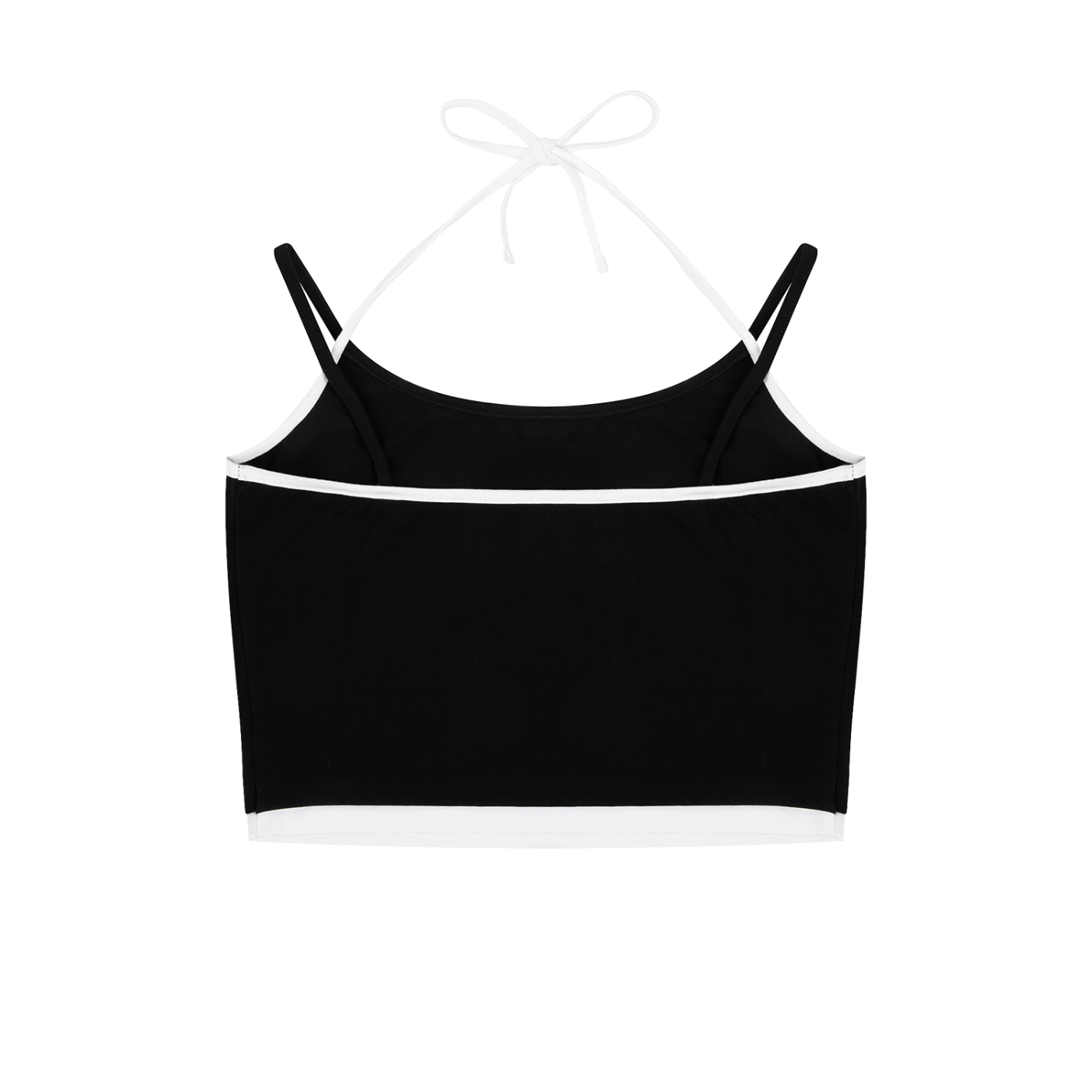Black contrast binding halter tank top by ODMPOD, featuring a fitted sleeveless design with stylish neckline details.