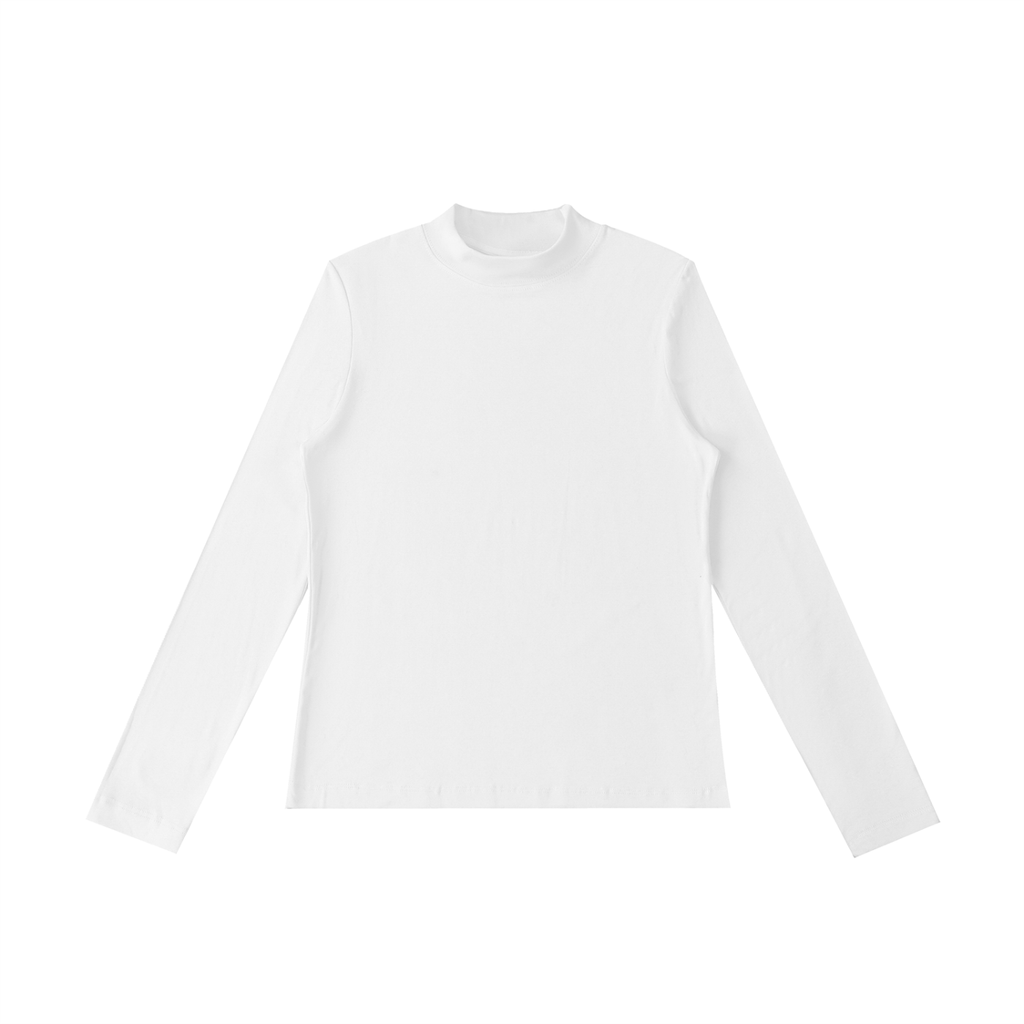 ODMPOD essential mock neck long sleeve T-shirt in neutral color, close-up of fabric and fit on a model.