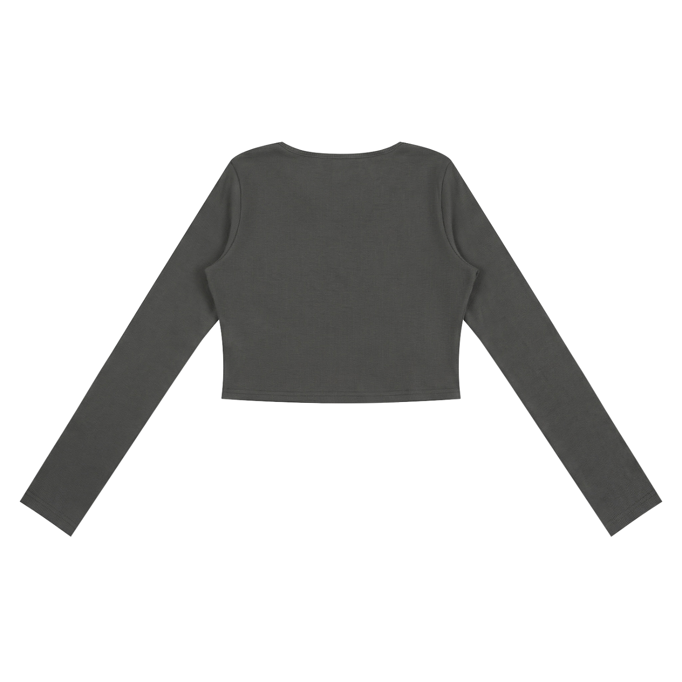 ODMPOD ruched long sleeve crop T-shirt with fitted design and gathered fabric, shown in a stylish casual setting.