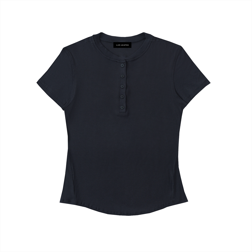 ODMPOD modal bodycon Henley T-shirt displayed on a model, featuring a fitted design and buttoned neckline.