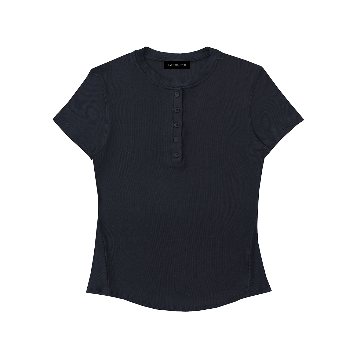ODMPOD modal bodycon Henley T-shirt displayed on a model, featuring a fitted design and buttoned neckline.