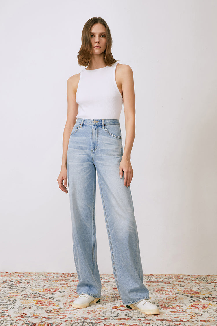 Hey Joanie Coney Island Whitefish high-rise wide jeans with a relaxed fit and classic denim wash, showing the full length of the jeans.