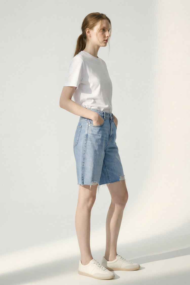 Hey Joanie Coastal Breeze 90's Bermuda Shorts, front view showing lightweight denim fabric and relaxed fit.