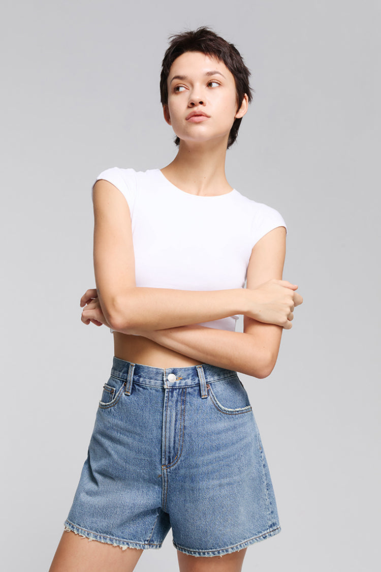 Hey Joanie Easy Buckle Shorts HJ820 in light denim with a relaxed fit and adjustable buckle waistband, displayed on a hanger.
