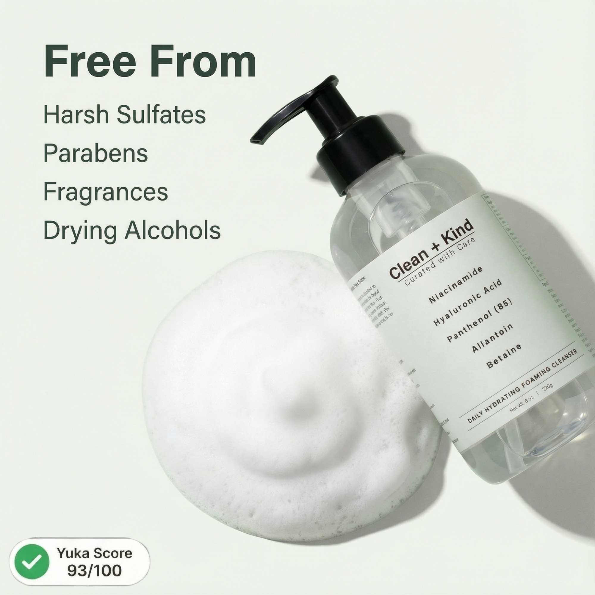 Clean + Kind daily facial cleanser bottle with pump, showing the product's sleek design and gentle formula for clean skin.