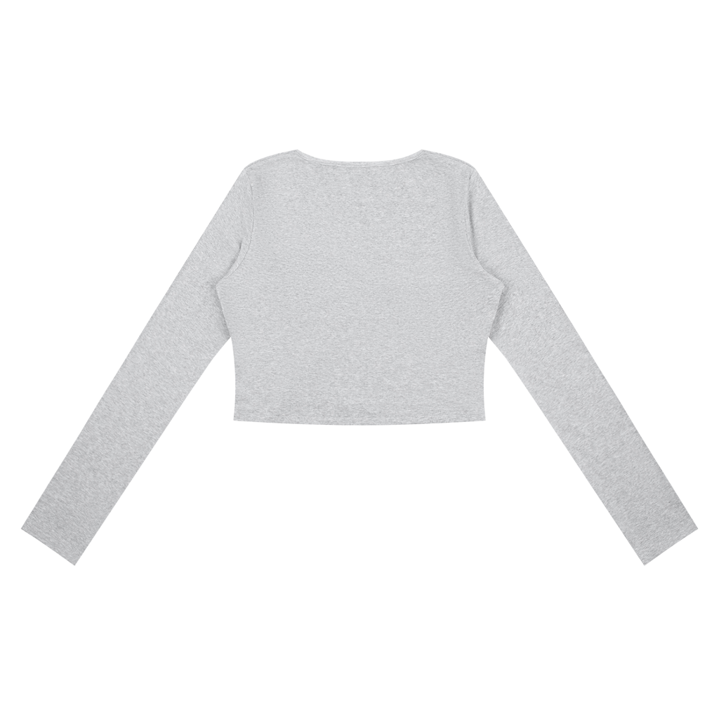 ODMPOD ruched long sleeve crop T-shirt in black, featuring fitted design and stylish ruching details on the sleeves.