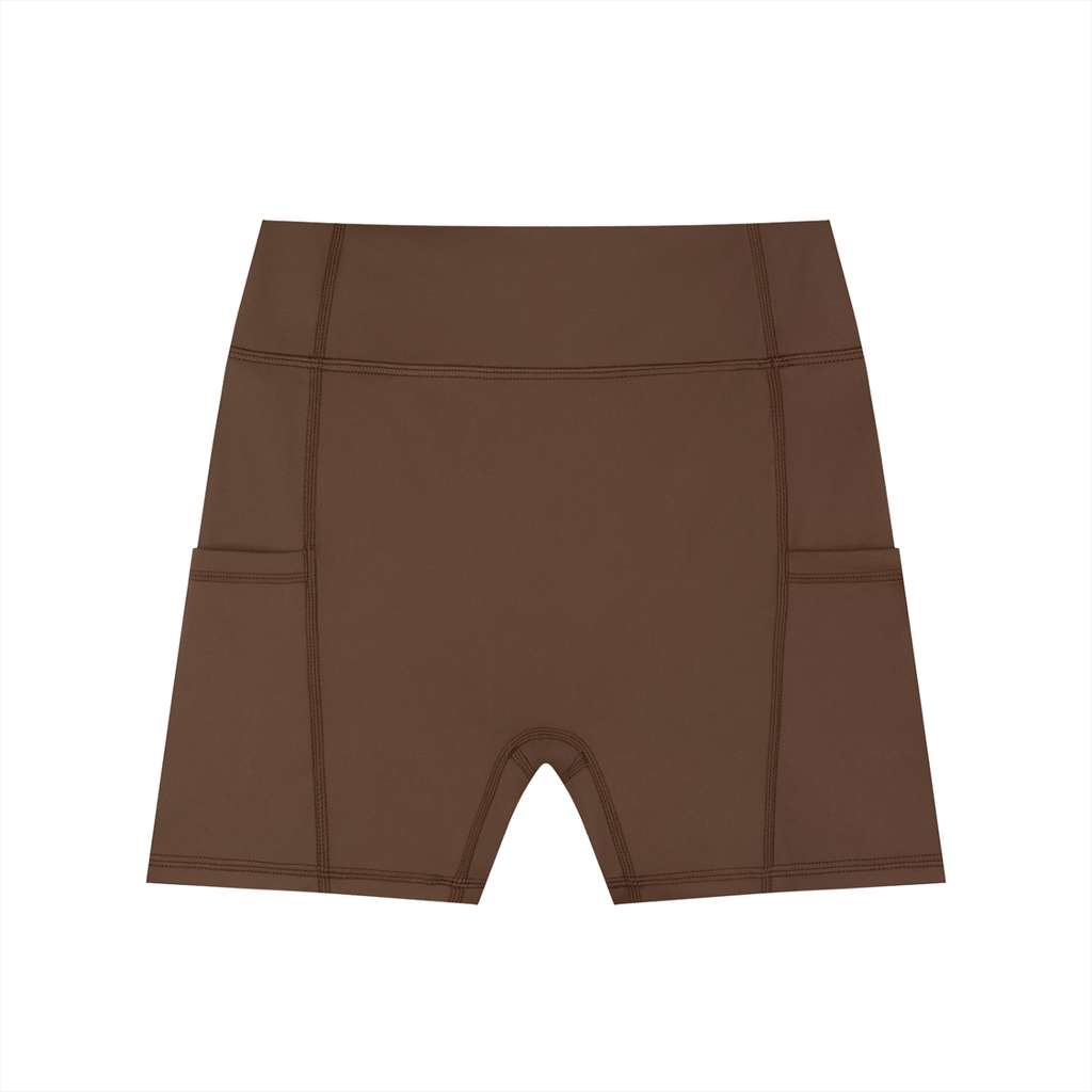 ODMPOD high-waisted pocket biker shorts shown flat, featuring a snug fit, functional pockets, and a sleek black design.