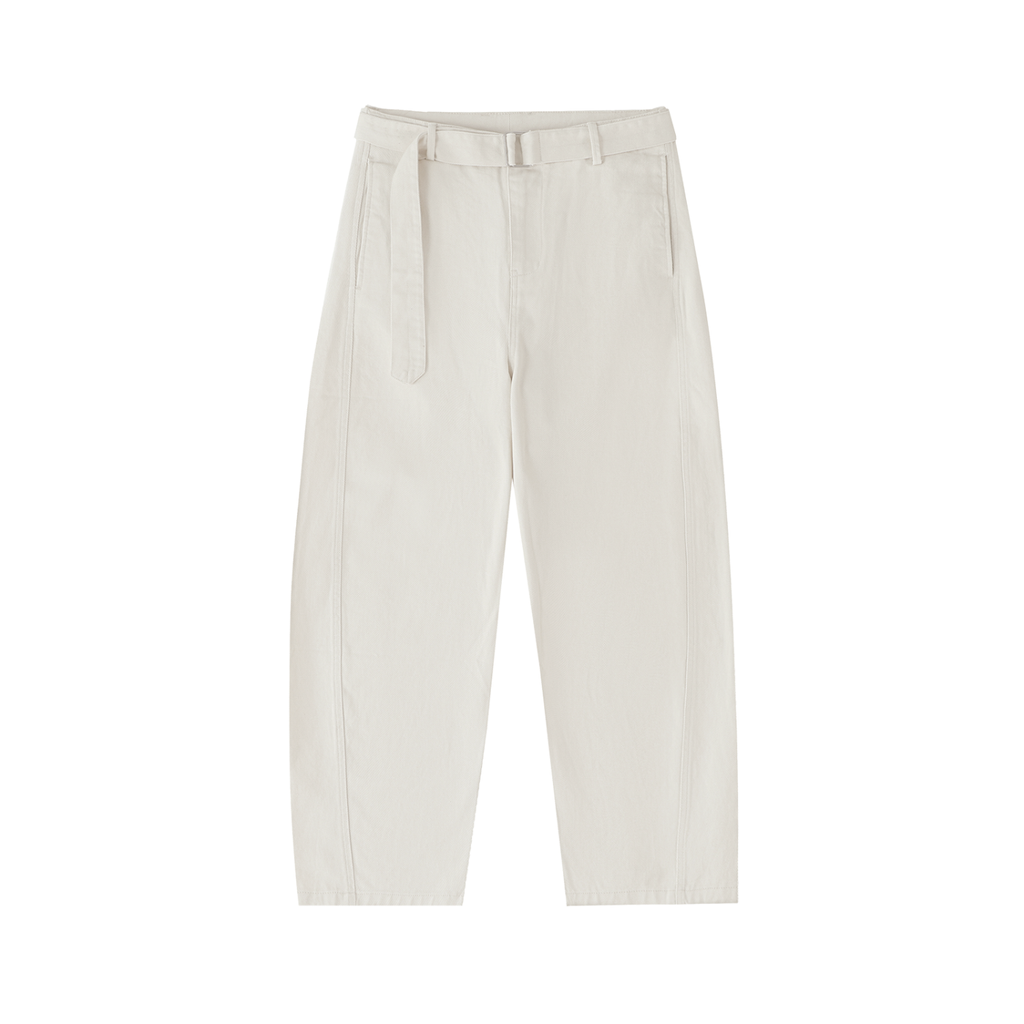 ODMPOD belted barrel-leg chino pants, showing a close-up of the tan fabric with a belt and tailored fit.