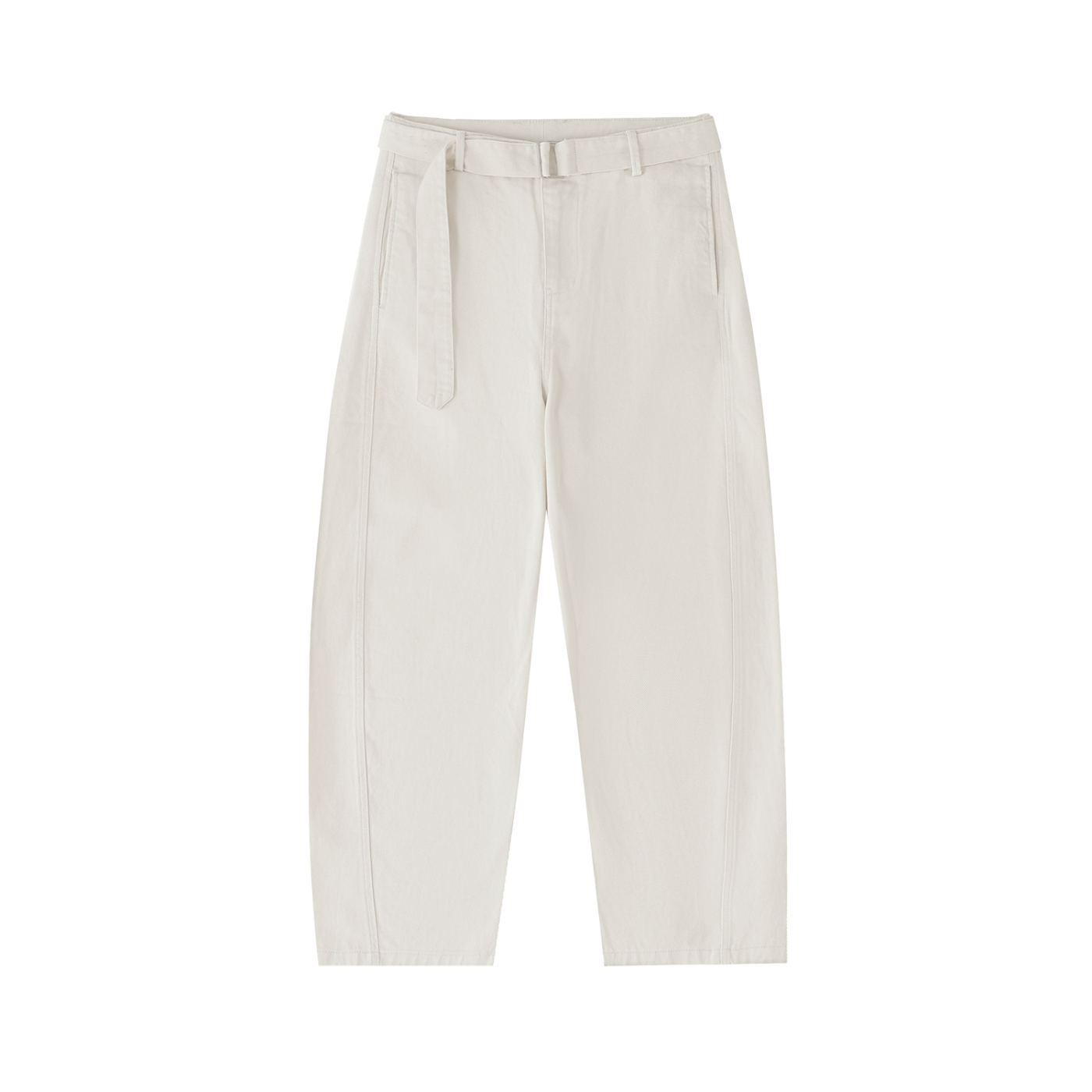 ODMPOD belted barrel-leg chino pants, showing a close-up of the tan fabric with a belt and tailored fit.