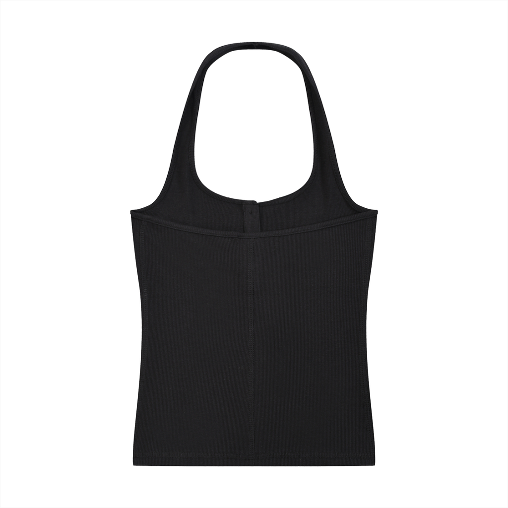 ODMPOD ribbed henley tank top, close-up showing beige color, sleeveless design, and ribbed texture.