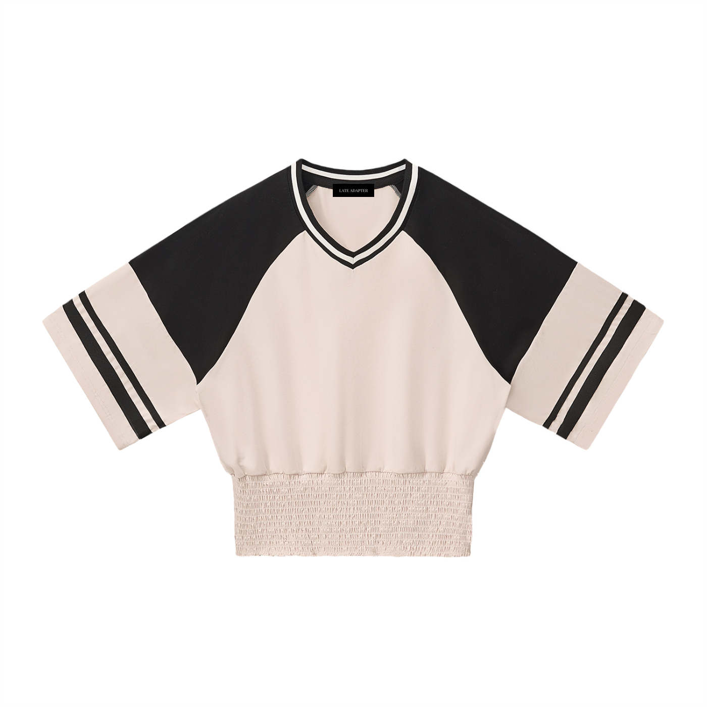 Color block ruched T-shirt by ODMPOD featuring vibrant color panels and a fitted, ruched design on a casual style.