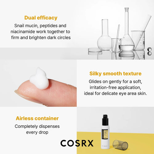 Korean Skin Care Advanced Snail Peptide Eye Cream in 0.85 fl oz tube, showing the cream's packaging and applicator.