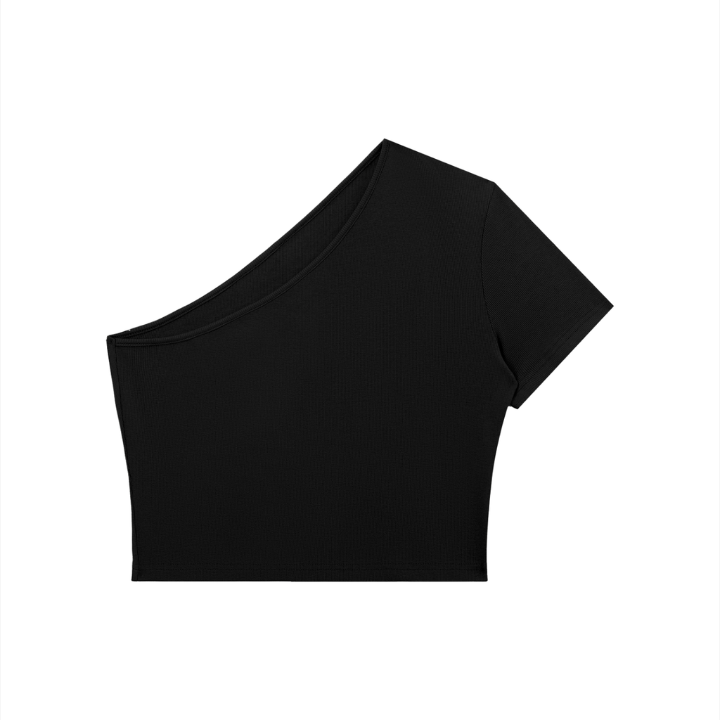 ODMPOD one-shoulder crop T-shirt in soft fabric, featuring a stylish asymmetric design and casual fit.