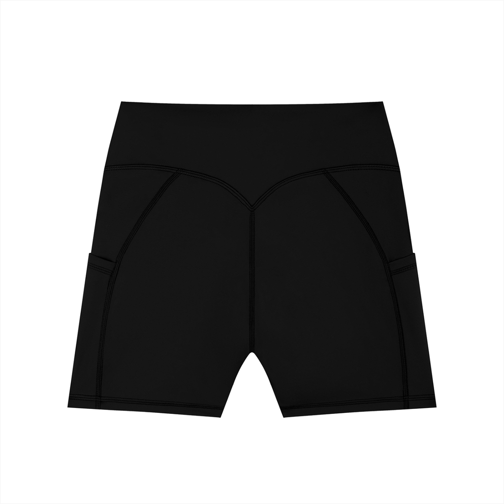 ODMPOD high-waisted pocket biker shorts in black, featuring a snug fit and functional front pockets for activewear and casual wear.
