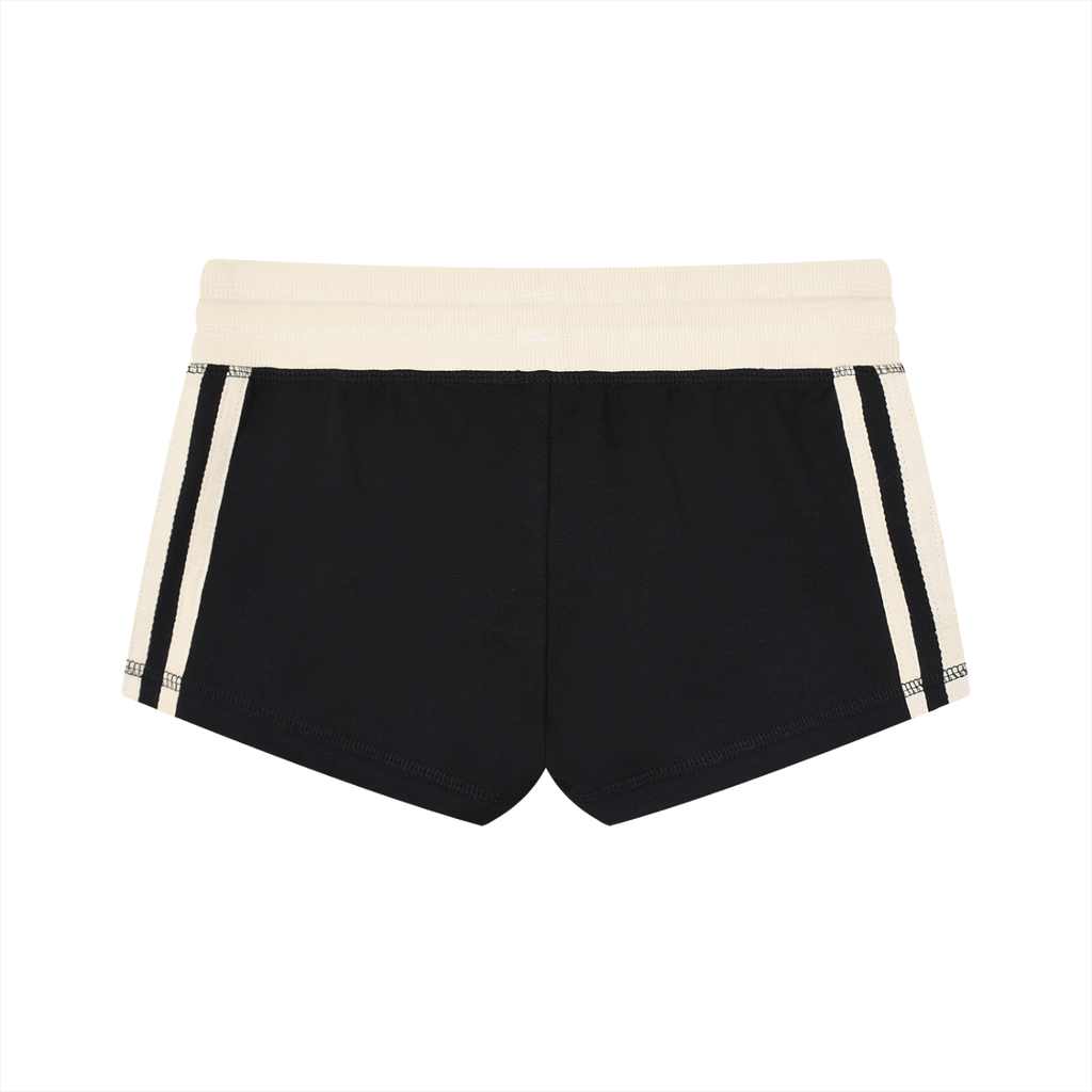 ODMPOD contrast stripe track shorts with black and white design, lightweight athletic shorts for casual or workout wear.