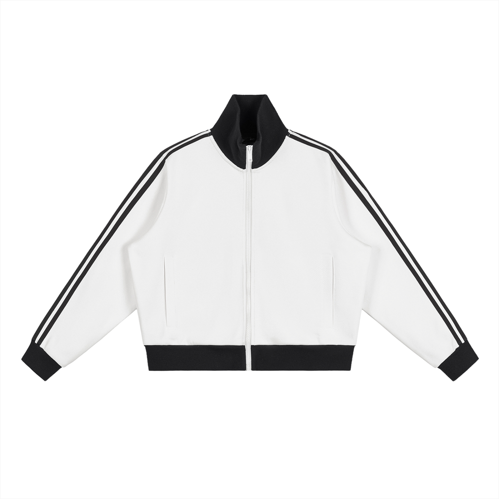 ODMPOD side stripe fleece cropped track jacket showcasing a stylish design with side stripes and a cozy fleece texture.