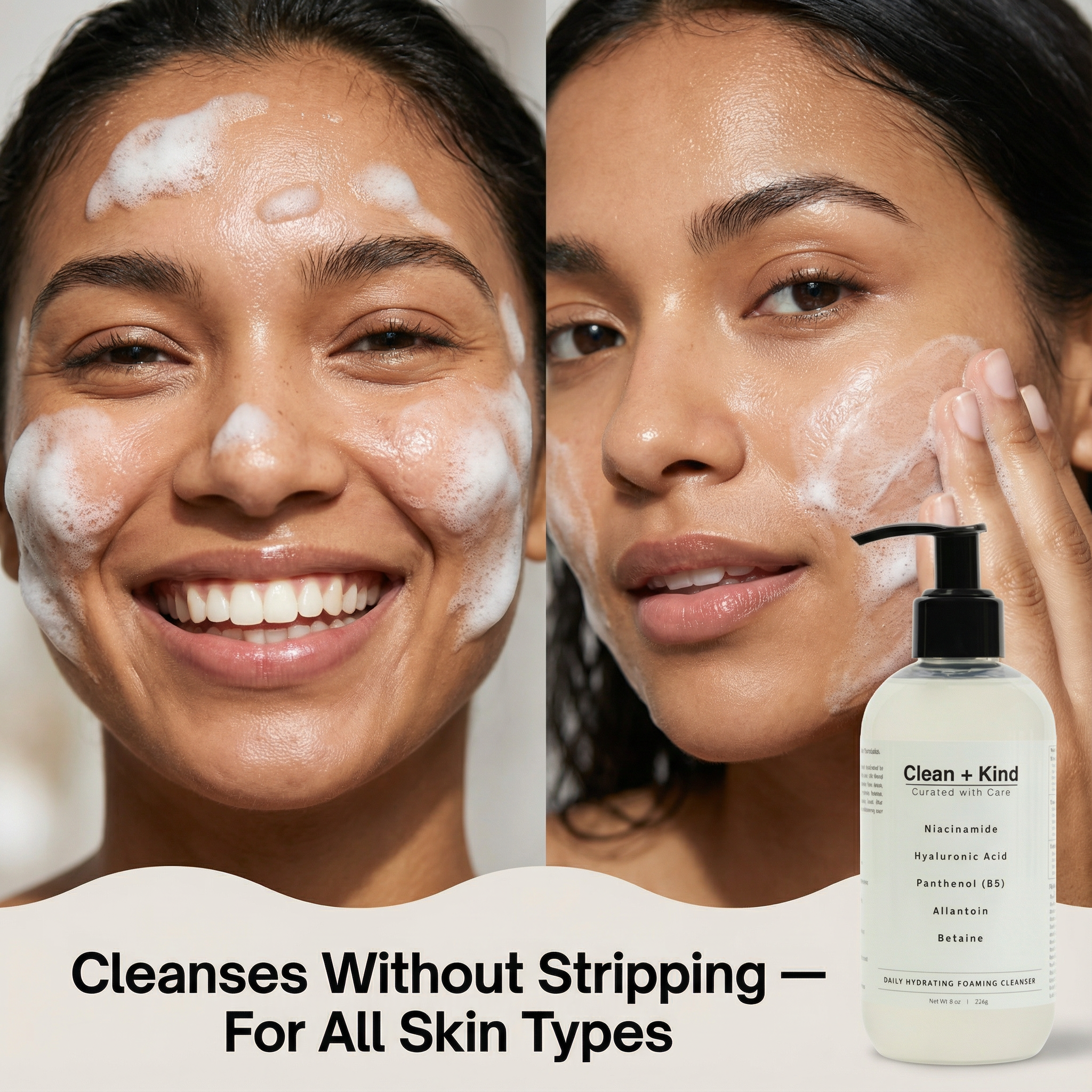 Clean + Kind Daily Facial Cleanser bottle with pump, clear label, and soft blue and white packaging on a clean surface.