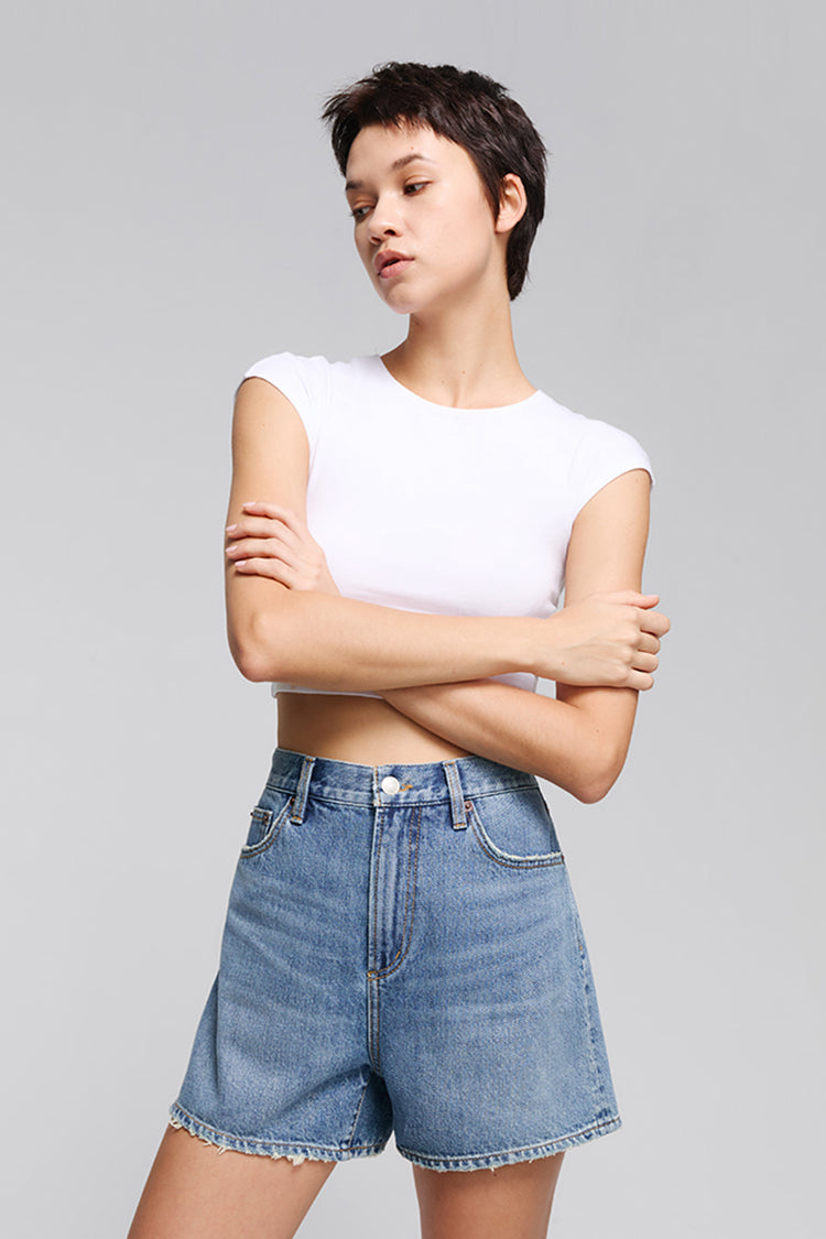 Hey Joanie Easy Buckle Shorts in lightweight fabric, featuring a simple buckle detail and relaxed fit, shown on a model.