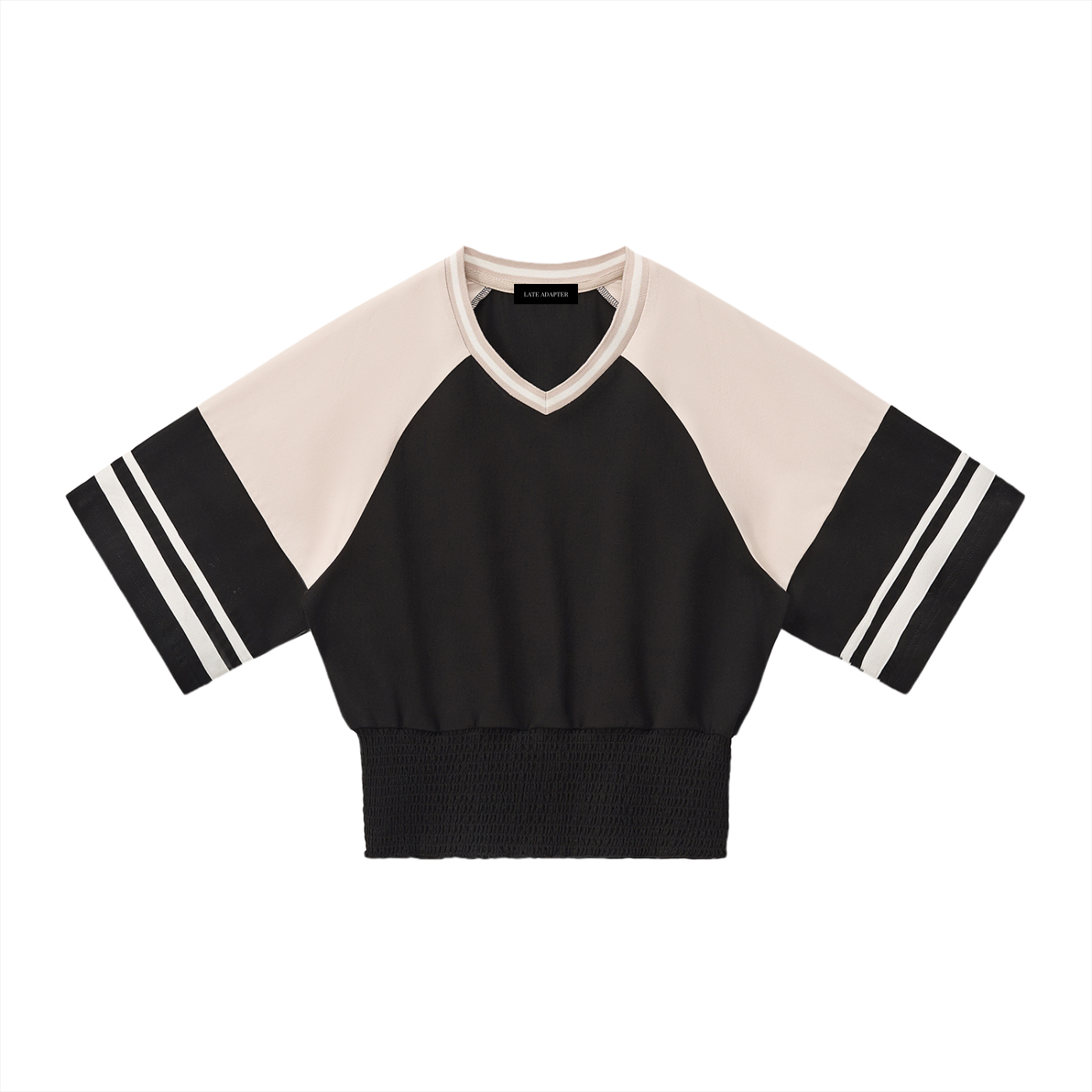 Color block ruched T-shirt by ODMPOD featuring vibrant color panels and ruched detail on soft fabric.