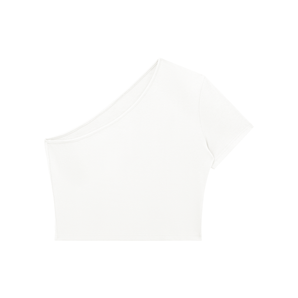 Black ODMPOD one-shoulder crop T-shirt with short sleeves and fitted design, shown on a white background.