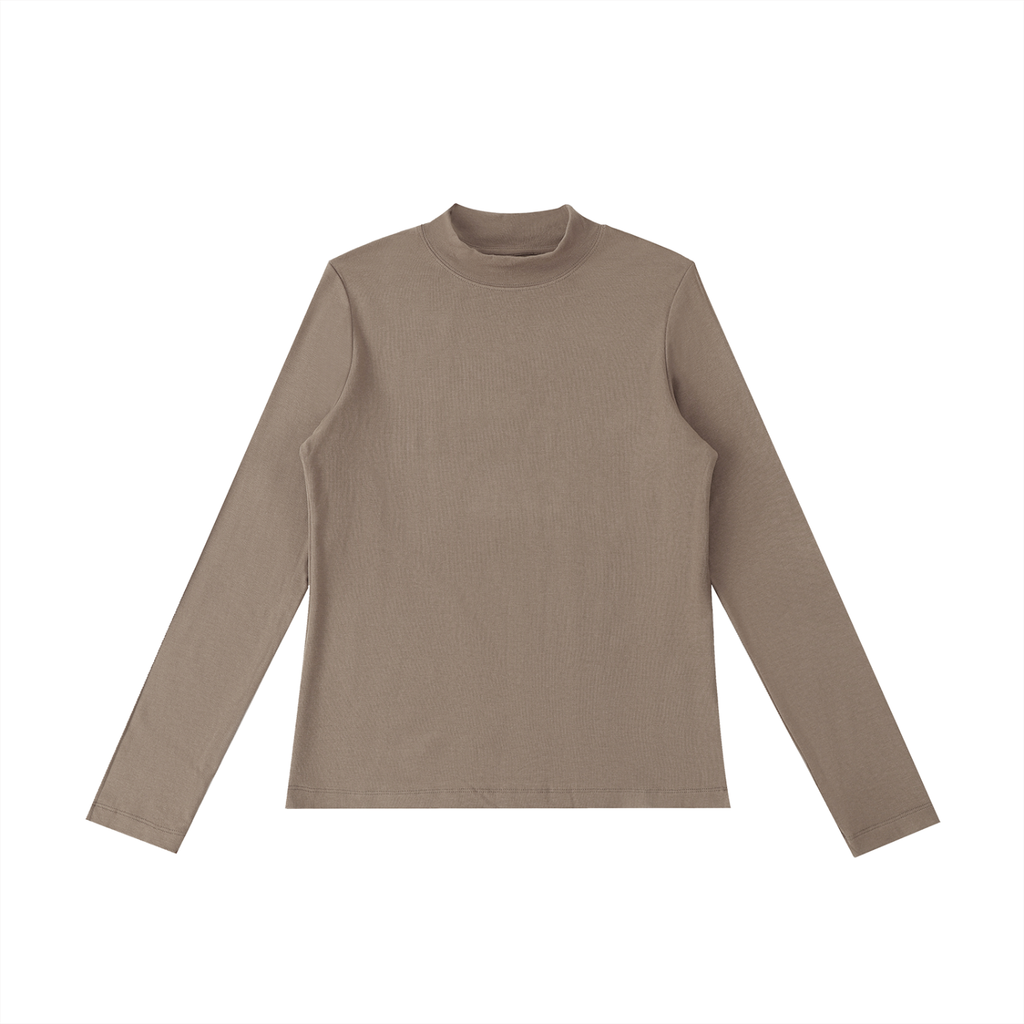 ODMPOD essential mock neck long sleeve T-shirt, close-up of black fabric with fitted design and smooth texture.