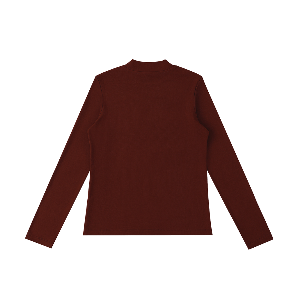 ODMPOD Essential mock neck long sleeve T-shirt, beige color, close-up showing soft fabric and fitted style.