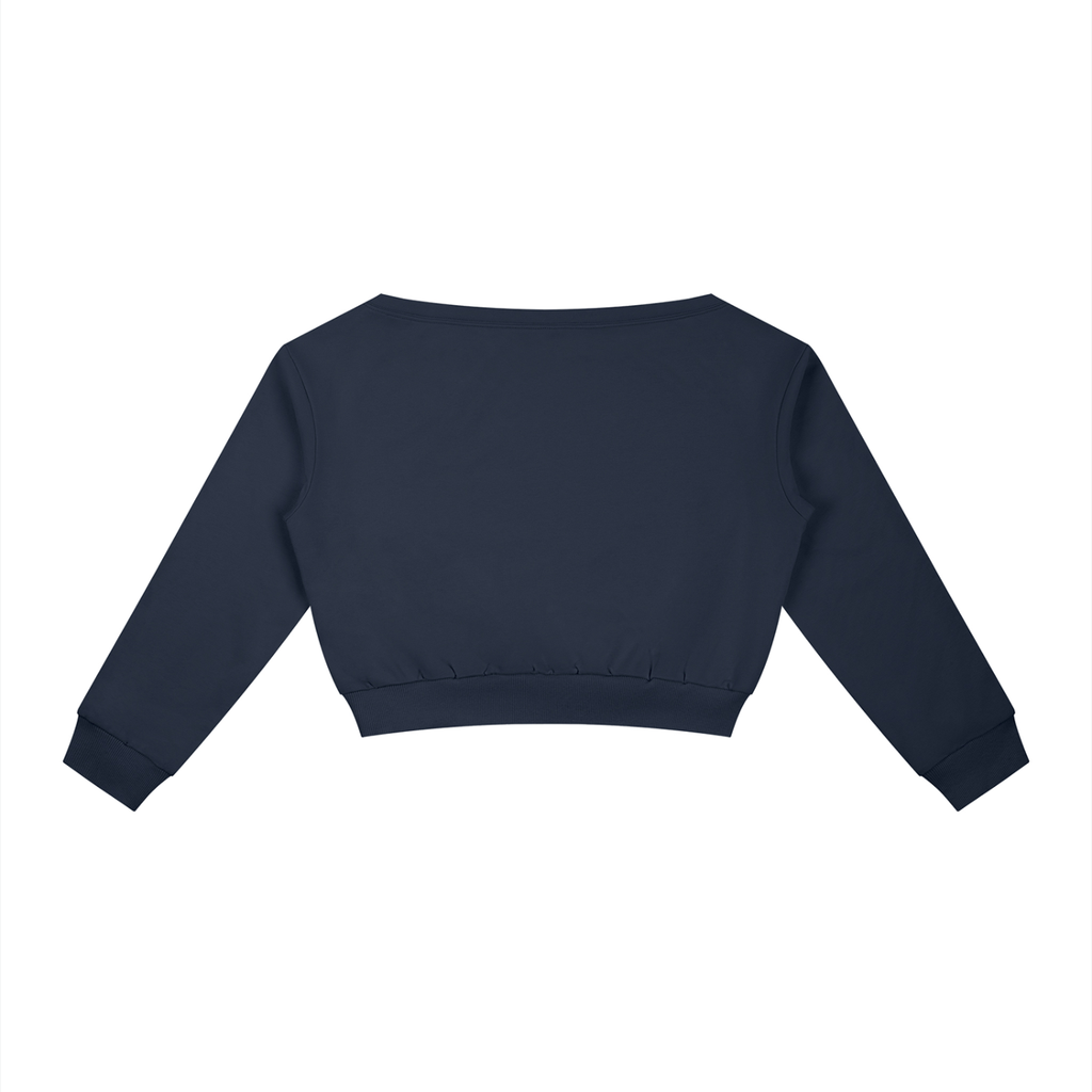 Off-shoulder ODMPOD sweatshirt displayed on a hanger, featuring a cozy knit fabric and a relaxed fit with long sleeves.