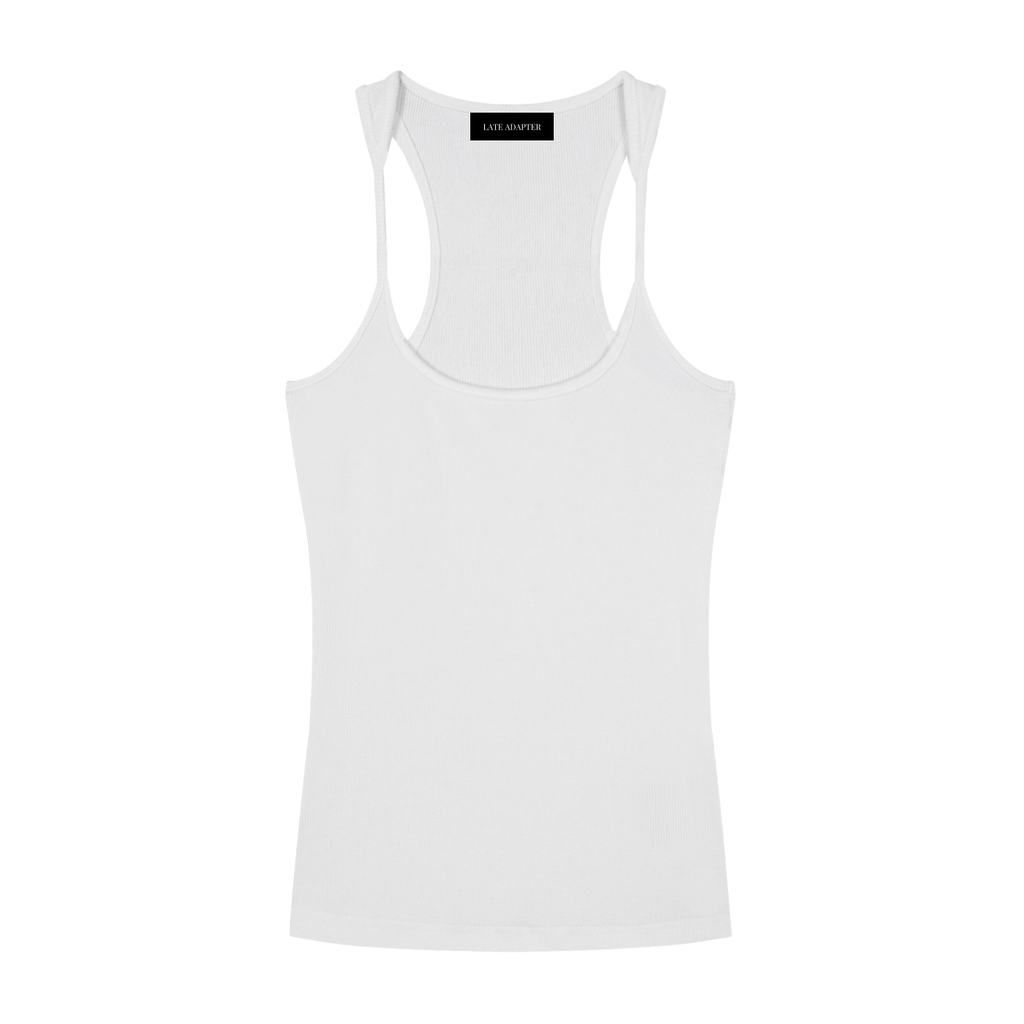 ODMPOD slim fit ribbed racerback tank top shown in black, form-fitting with a scoop neckline and ribbed texture.