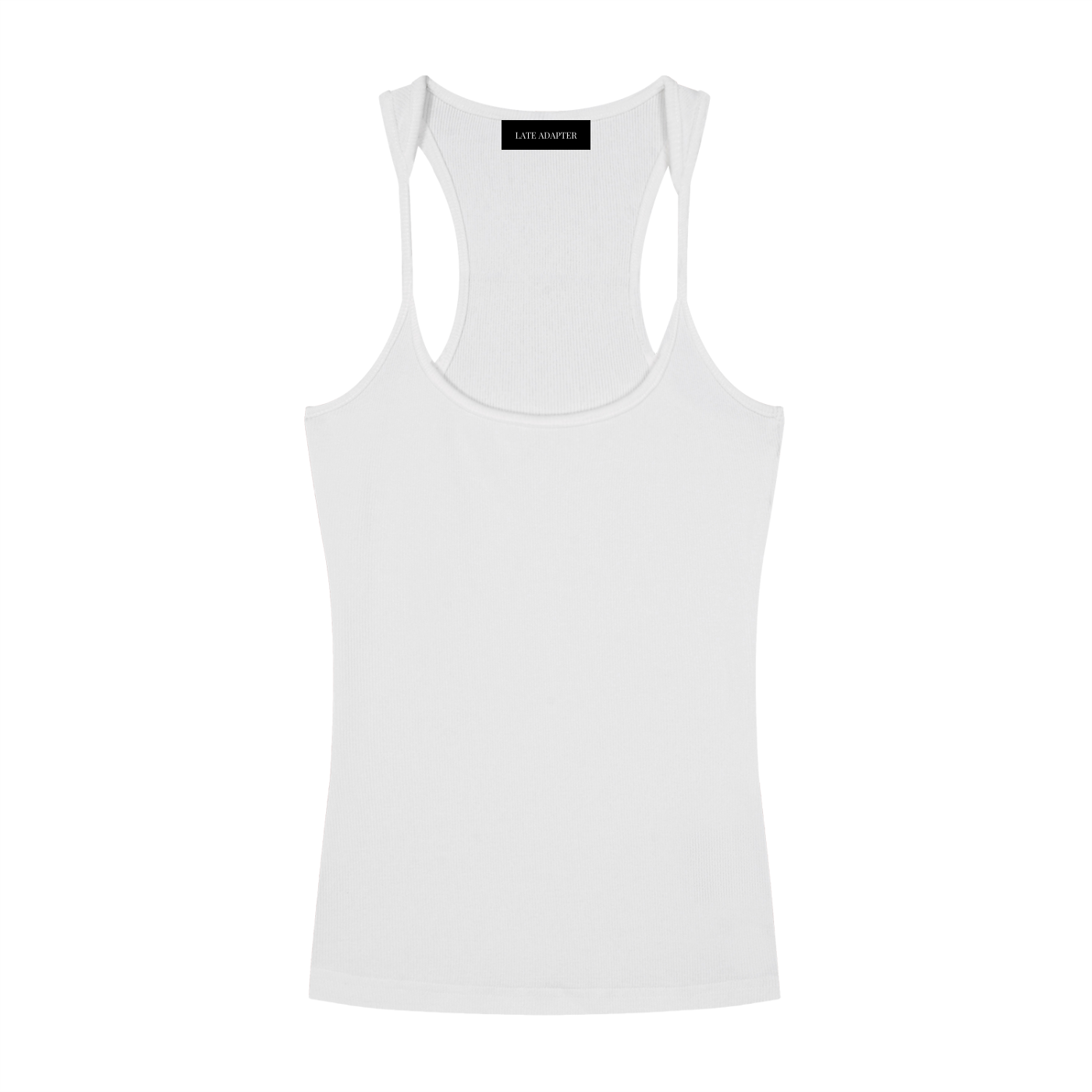 ODMPOD slim fit ribbed racerback tank top shown in black, form-fitting with a scoop neckline and ribbed texture.