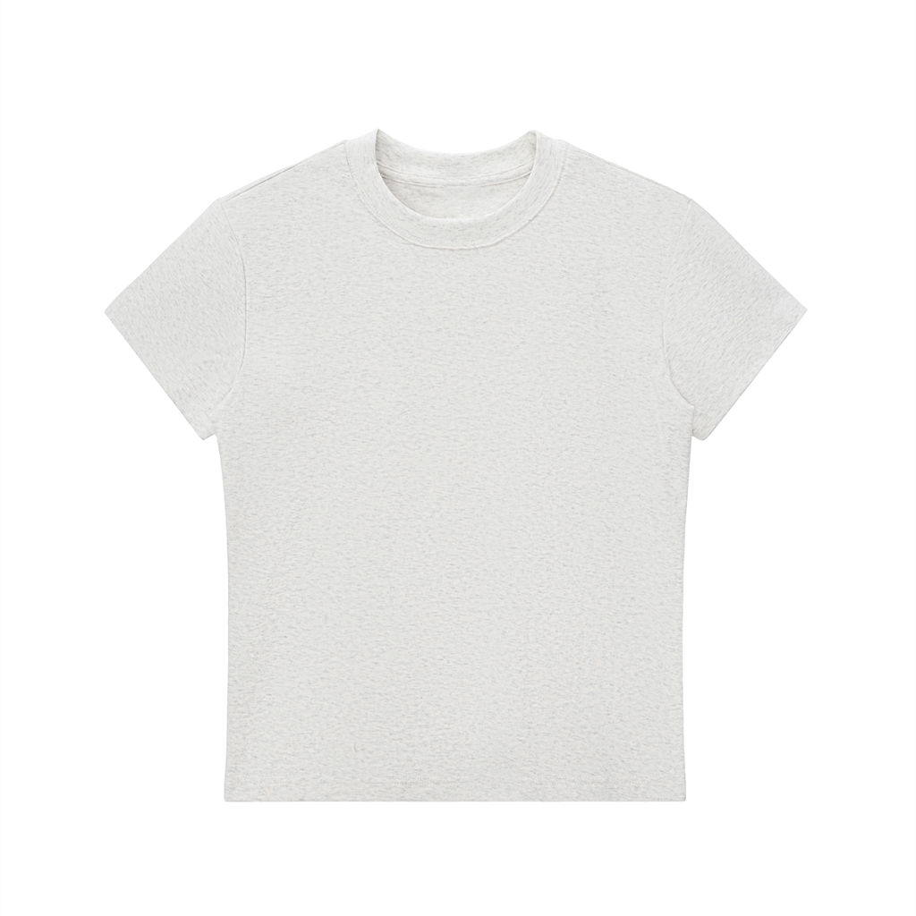 ODMPOD Essential Bodycon Crewneck T-Shirt in neutral fabric, close-up of fitted, short-sleeve design with crew neckline.