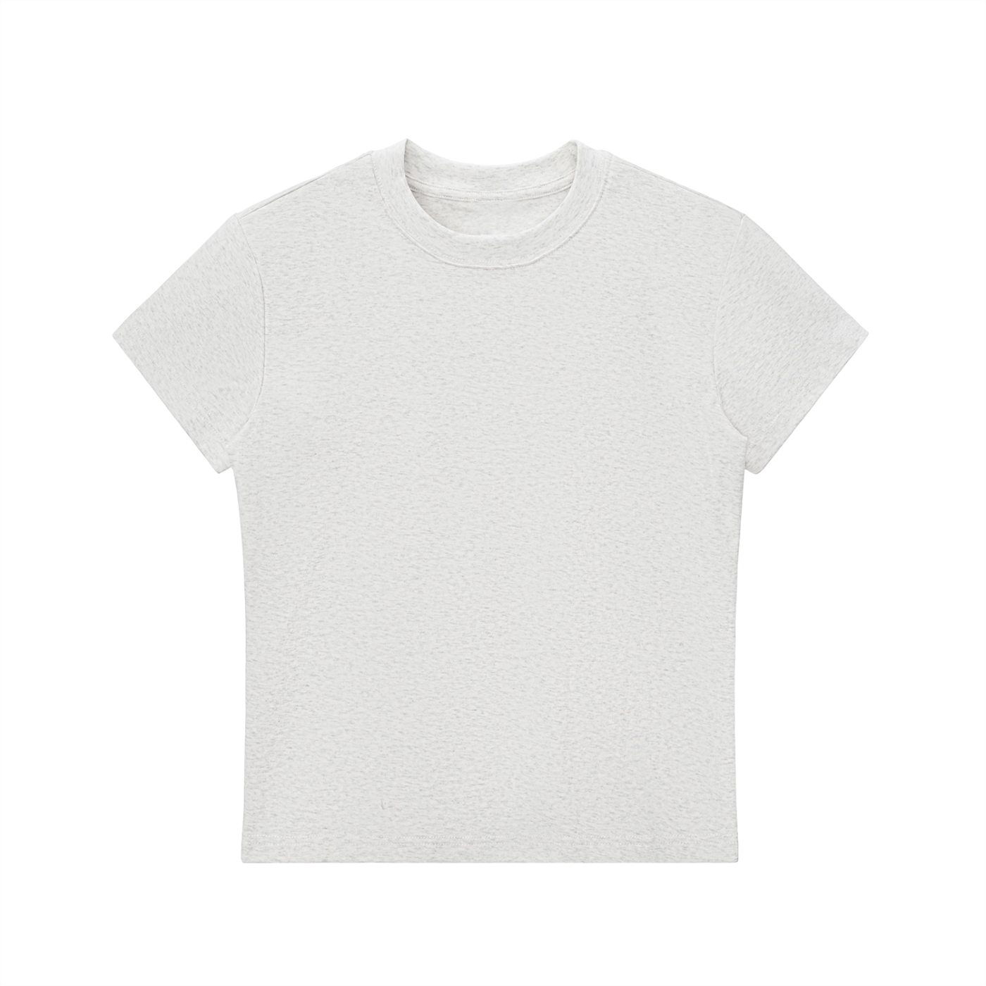 ODMPOD Essential Bodycon Crewneck T-Shirt in neutral fabric, close-up of fitted, short-sleeve design with crew neckline.
