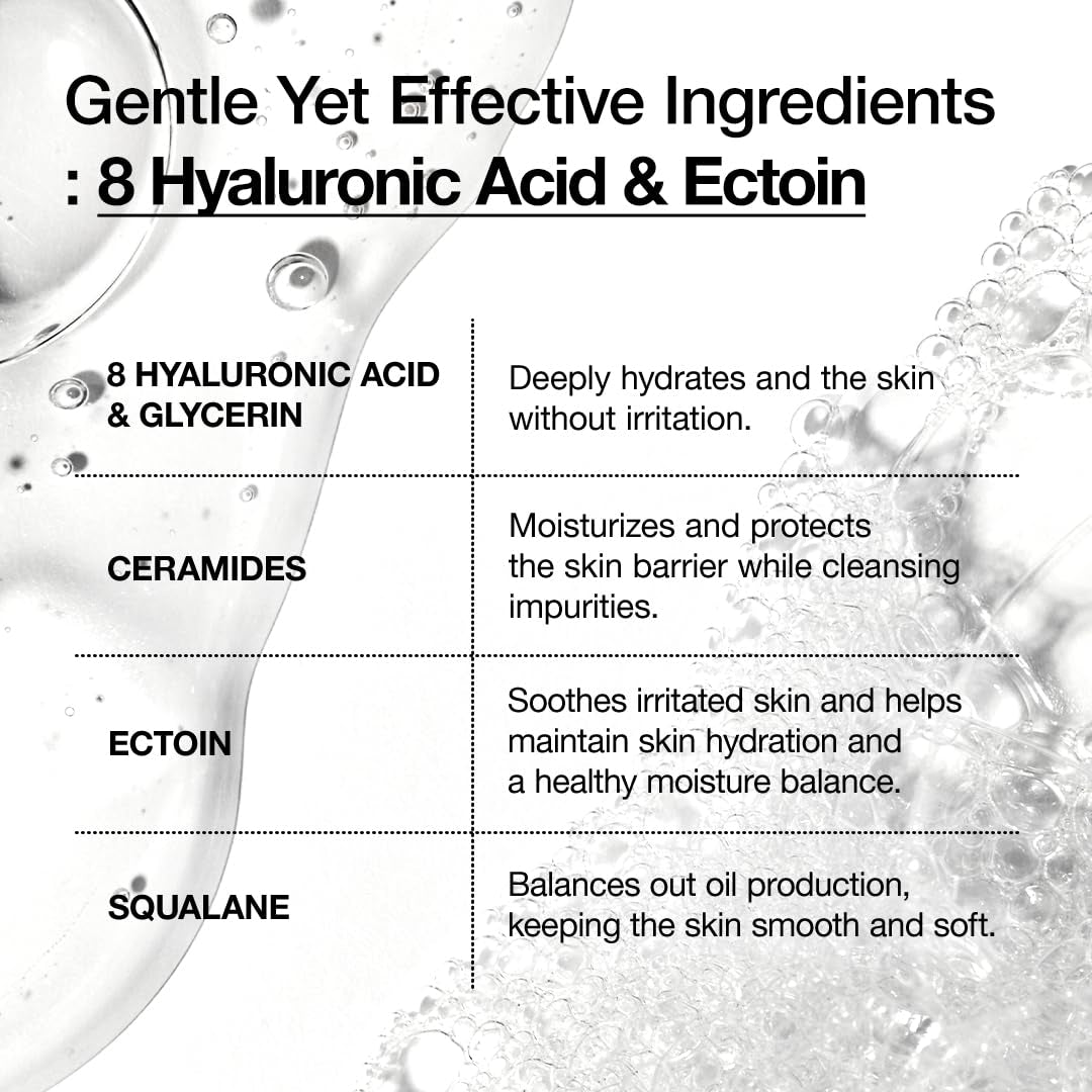Korean Skin Care gentle gel cleanser with hyaluronic acid, squalane, ceramide, foaming facial cleanser for hydrating daily skincare.