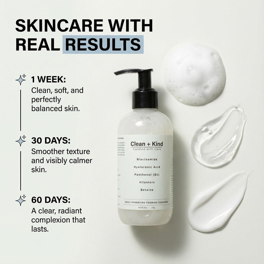 Clean + Kind daily facial cleanser in a white bottle with a pump, suitable for gentle skin cleansing.