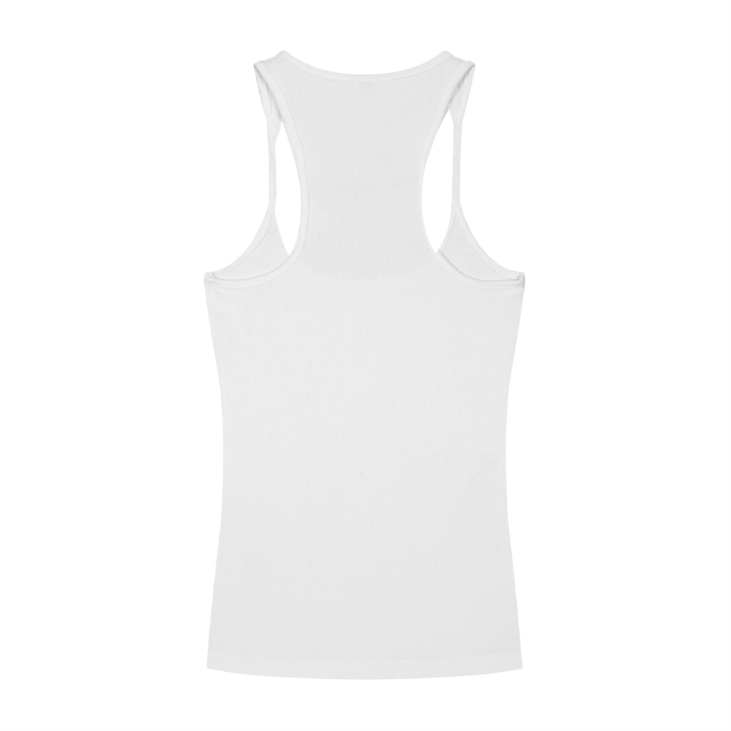 ODMPOD slim fit ribbed racerback tank top in black, close-up showing fitted style and textured ribbed fabric.