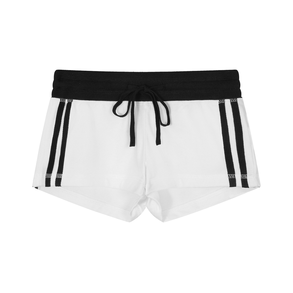 ODMPOD contrast stripe track shorts with black and white color blocking, featuring a comfortable elastic waistband and sporty design.