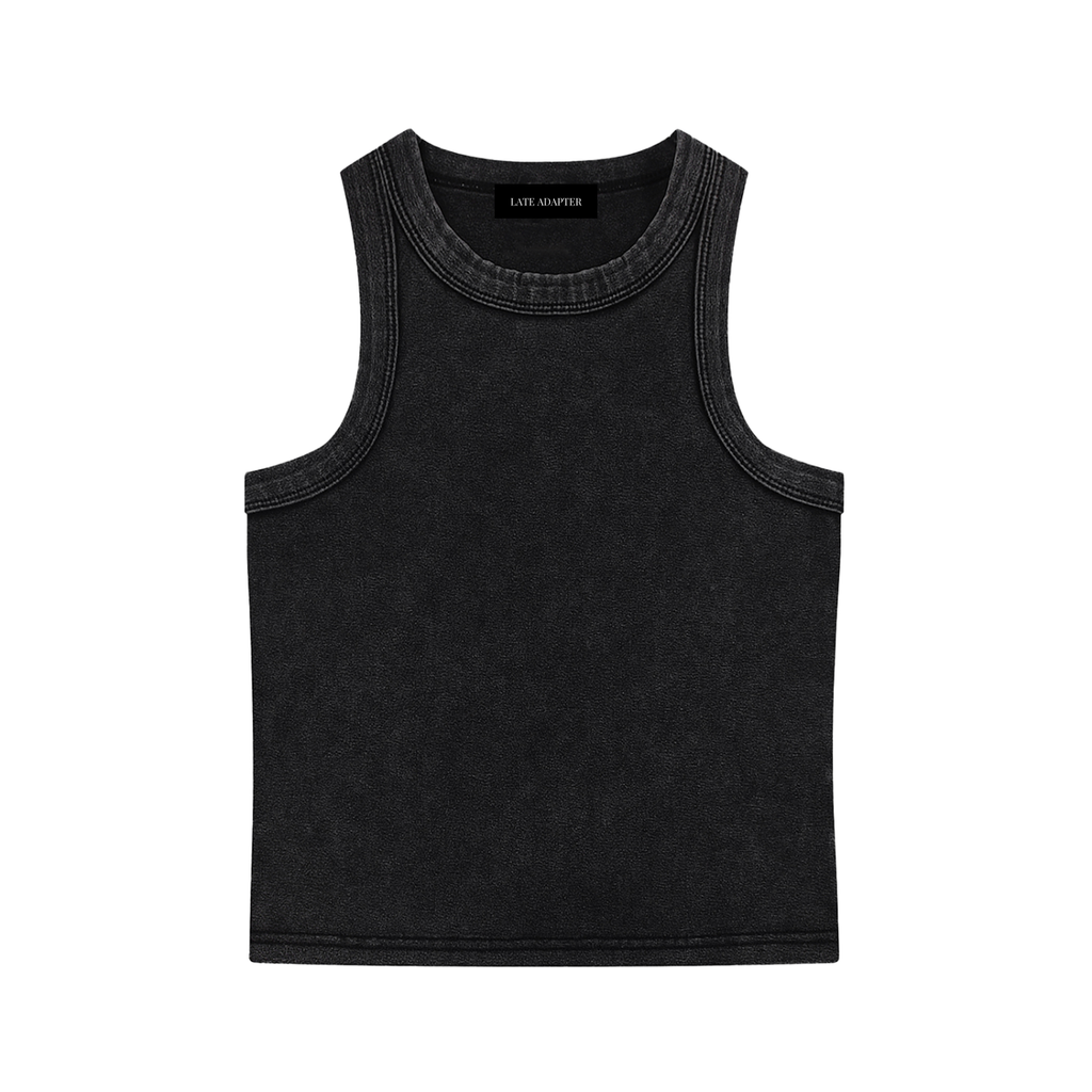 ODMPOD Snow Washed Tank Top, lightweight sleeveless shirt in soft, faded fabric, displayed flat with rounded neckline