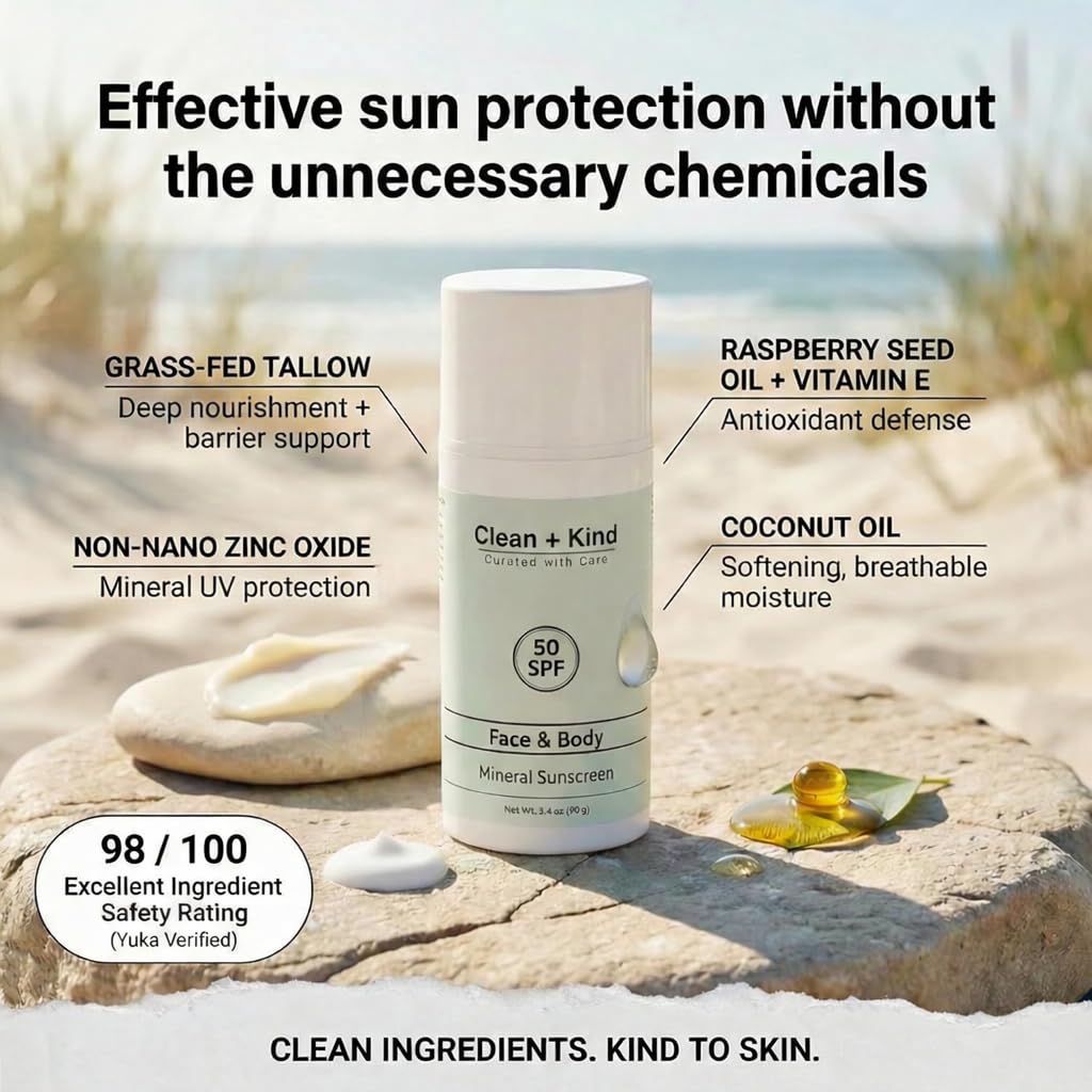Clean + Kind Tallow Mineral Sunscreen SPF 50 in a tube, showing the sunscreen product with a white and blue label.