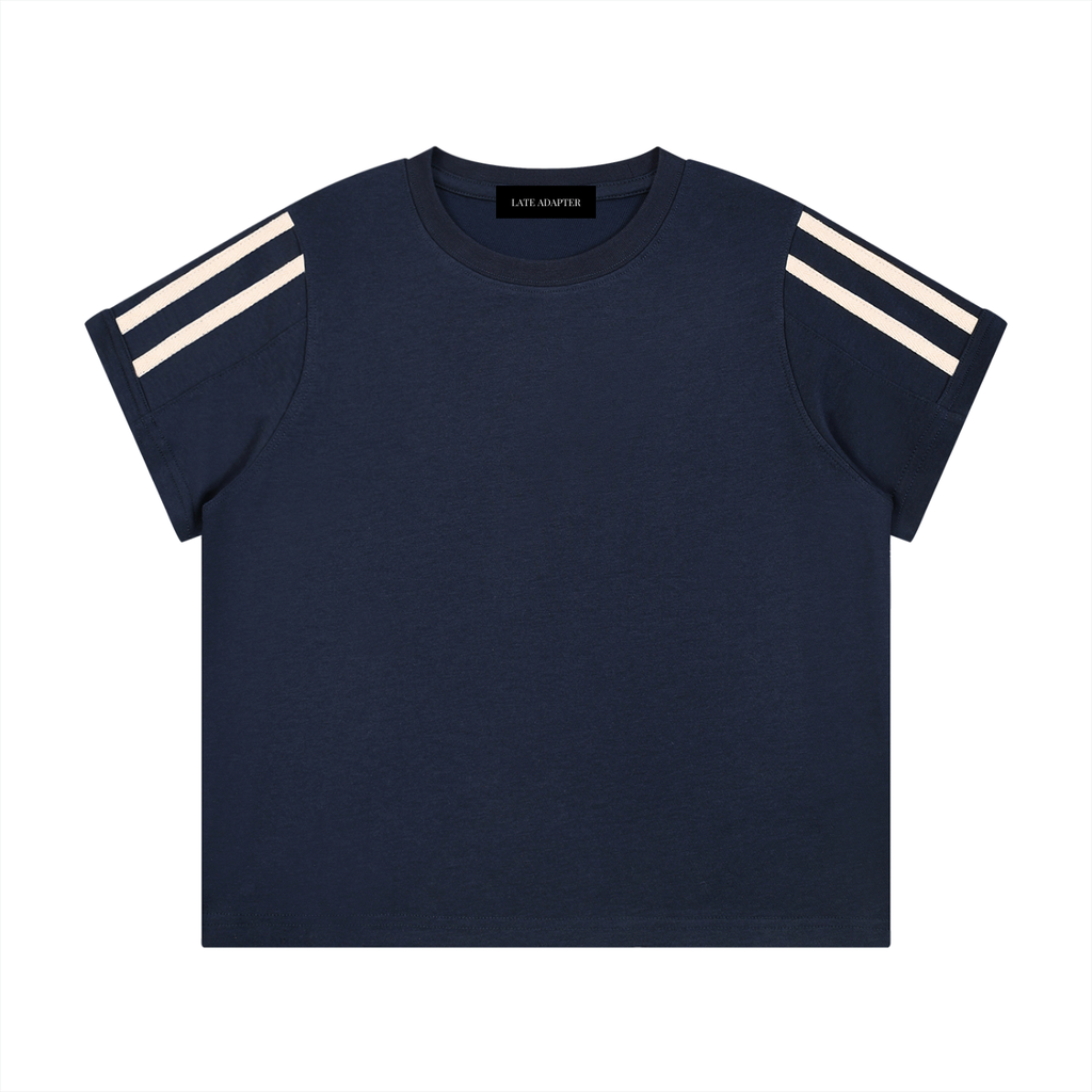 ODMPOD varsity stripe T-shirt featuring bold stripe design, casual fit, and classic crew neckline, perfect for everyday wear.