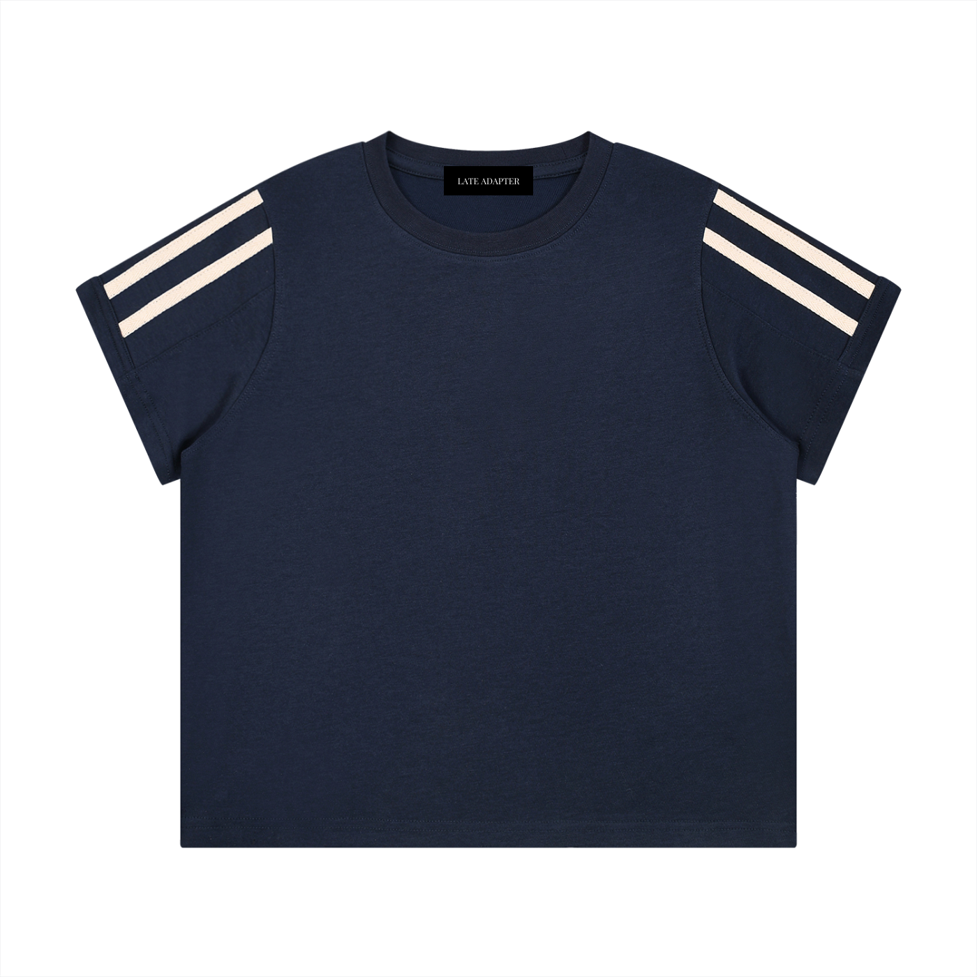 ODMPOD varsity stripe T-shirt featuring bold stripe design, casual fit, and classic crew neckline, perfect for everyday wear.