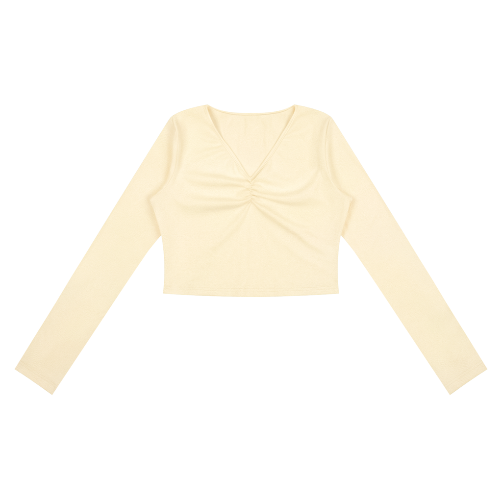 ODMPOD ruched long sleeve crop T-shirt showing fitted style, ruched fabric details, and long sleeves on a plain background.