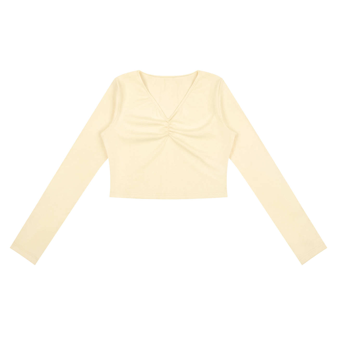 ODMPOD ruched long sleeve crop T-shirt showing fitted style, ruched fabric details, and long sleeves on a plain background.