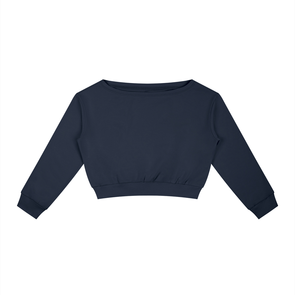 ODMPOD off-shoulder sweatshirt, soft gray fabric with relaxed fit and stylish neckline, shown on a model.