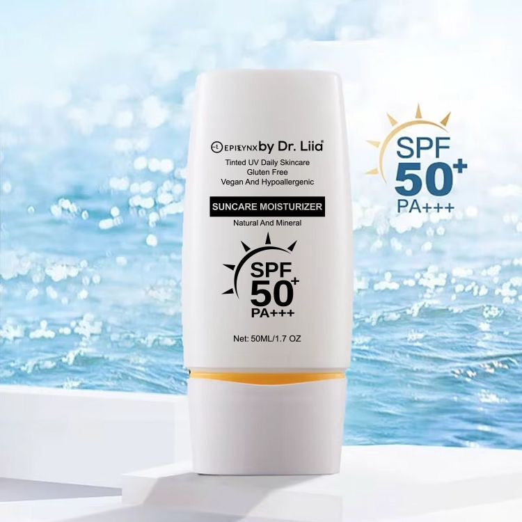 EpiLynx SPF 50 mineral moisturizer in a white jar, showcasing its hydrating, vegan, and sensitive-skin friendly suncare formula.