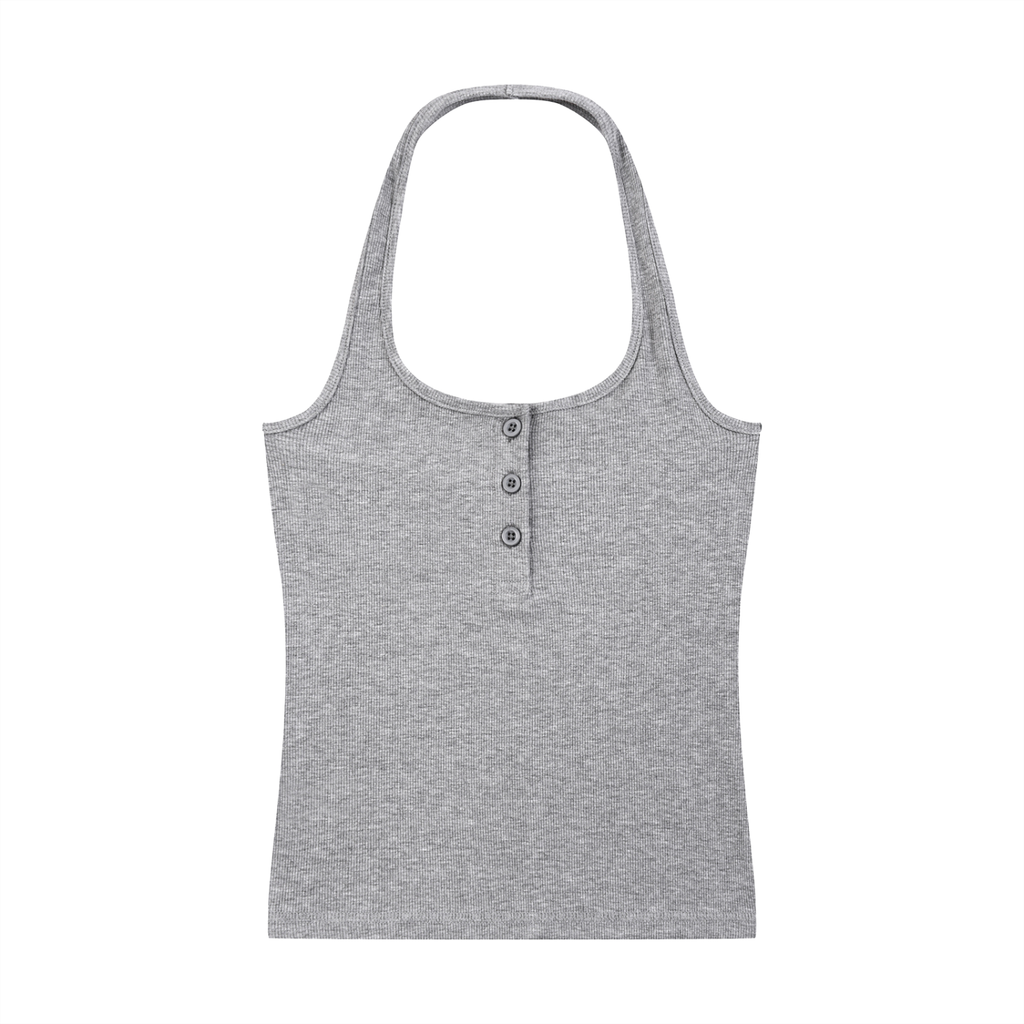 ODMPOD ribbed Henley tank top displayed flat, showcasing its sleeveless design and textured ribbed fabric in neutral color.
