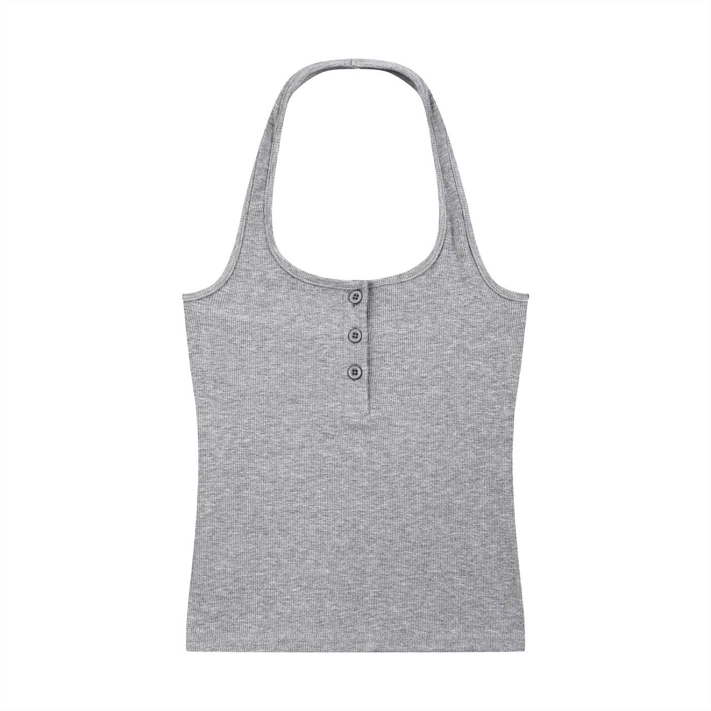 ODMPOD ribbed Henley tank top displayed flat, showcasing its sleeveless design and textured ribbed fabric in neutral color.