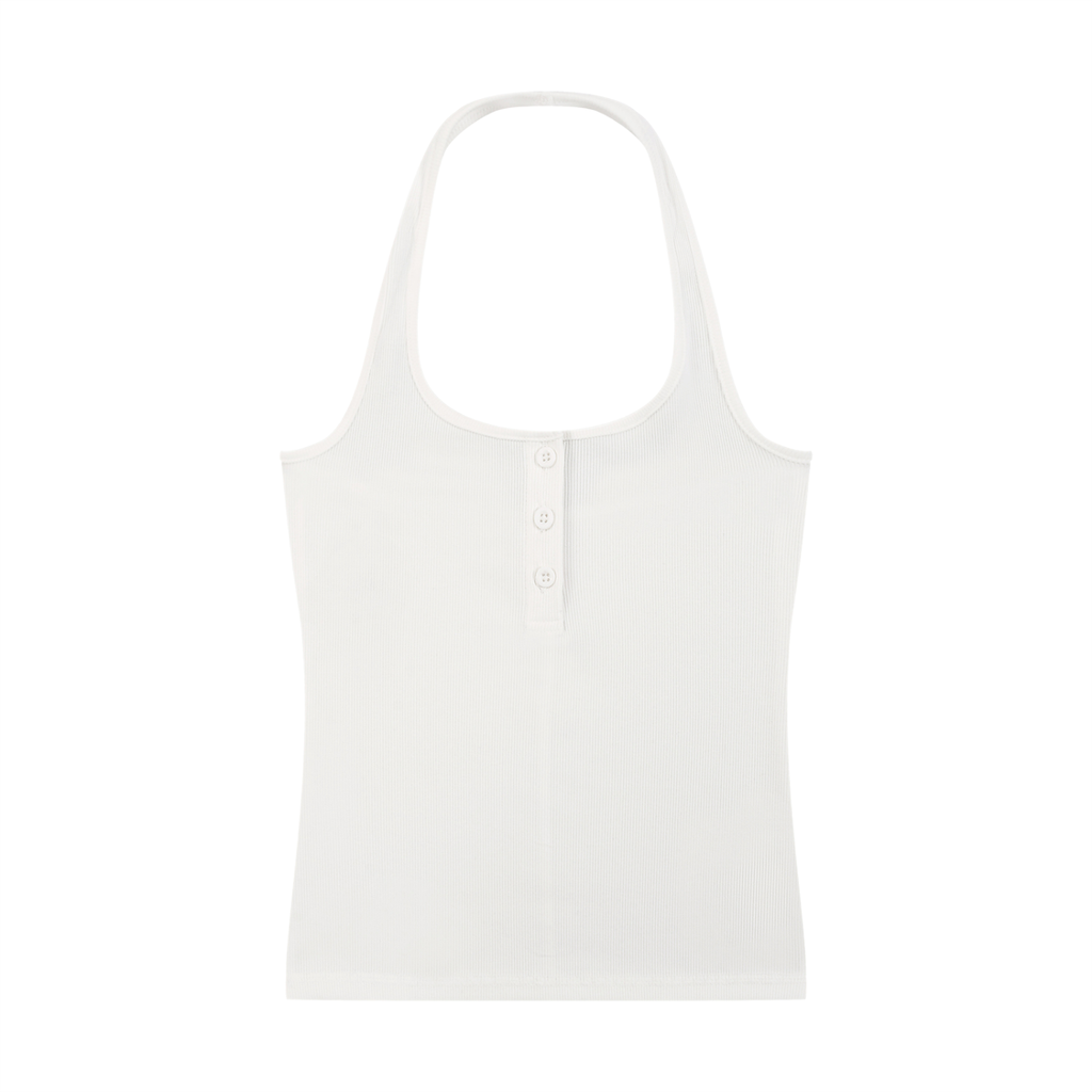 ODMPOD ribbed Henley tank top, sleeveless casual shirt with buttoned neckline, shown in black with ribbed fabric texture.