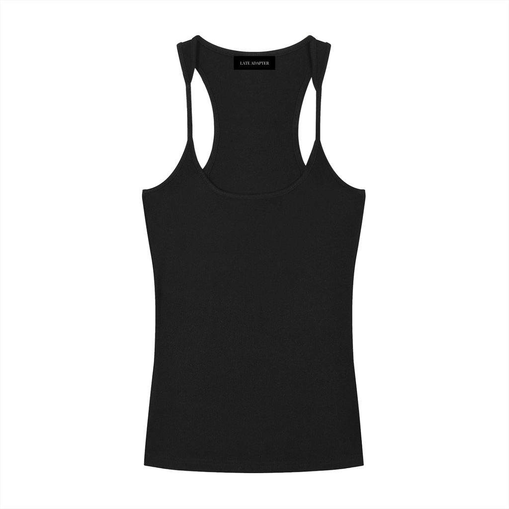ODMPOD slim fit ribbed racerback tank top, close-up of black sleeveless top with textured ribbed fabric and fitted style.